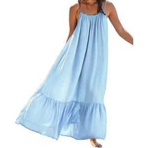 image:imageRVivimos Womens Summer Cotton Backless Casual Maxi Dress  Adjustable Spaghetti Strap Ruffle Loose Fit Boho Flowy Cami Dress Daily Wear Beach Cover Up Vacation Travel OutfitsSkyblue