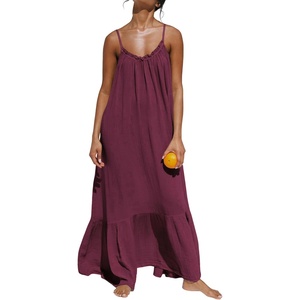 image:imageRVivimos Womens Summer Cotton Backless Casual Maxi Dress  Adjustable Spaghetti Strap Ruffle Loose Fit Boho Flowy Cami Dress Daily Wear Beach Cover Up Vacation Travel OutfitsWine Red