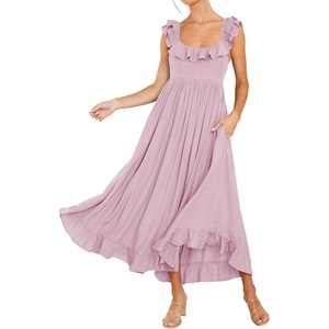 image:imageRVivimos Womens Summer Sleeveless Square Neck Midi Dress  Boho Ruffle Tie Back Backless with Pockets Plaid Flowy Casual OutfitsLightpink