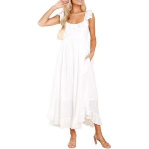 image:imageRVivimos Womens Summer Sleeveless Square Neck Midi Dress  Boho Ruffle Tie Back Backless with Pockets Plaid Flowy Casual OutfitsWhite