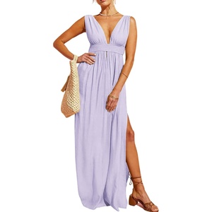 image:imageRVivimos Womens Boho Sexy Deep V Neck Side Slit Maxi DressPurple