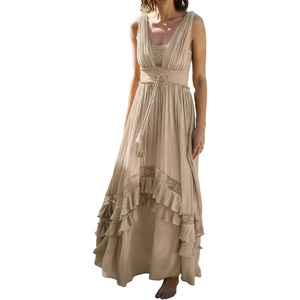 image:imageRVivimos Womens Summer Boho Elastic Waist Flowy Maxi DressKhaki