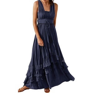 image:imageRVivimos Womens Summer Boho Elastic Waist Flowy Maxi DressNavy Blue