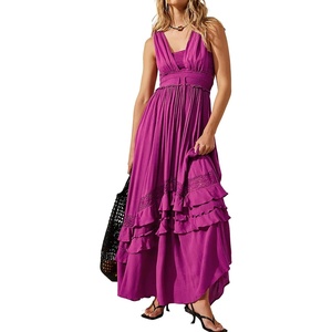 image:imageRVivimos Womens Summer Boho Elastic Waist Flowy Maxi DressPlum