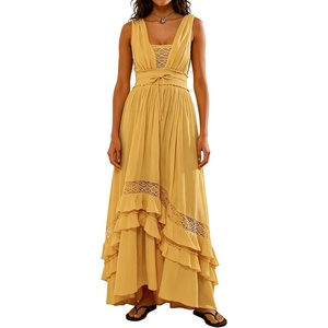 image:imageRVivimos Womens Summer Boho Elastic Waist Flowy Maxi DressYellow