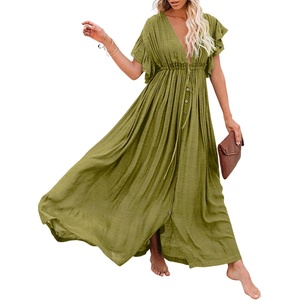 image:imageRVivimos Womens Summer Boho Loose Maxi Dress with PocketsArmy Green