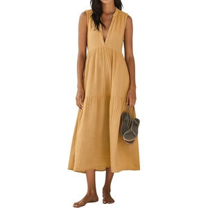 image:imageRVivimos Womens Summer Cotton Button V Neck Maxi DressGinger