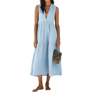 image:imageRVivimos Womens Summer Cotton Button V Neck Maxi DressLight Blue