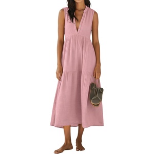 image:imageRVivimos Womens Summer Cotton Button V Neck Maxi DressPink