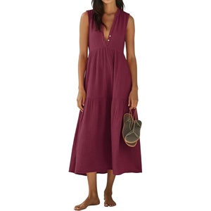 image:imageRVivimos Womens Summer Cotton Button V Neck Maxi DressWine Red