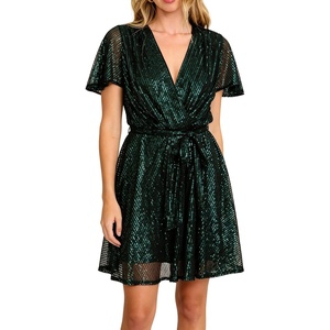 image:imageRVivimos Womens Sequin V Neck Sparkly Club Party Mini DressDark Green