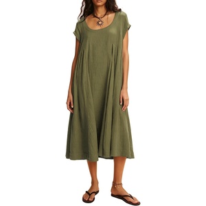 image:imageRVivimos Womens Summer Cotton Casual Loose Beach Midi Dress with PocketsArmy Green