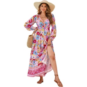 image:imageRVivimos Womens Boho Floral Print Flowy Slit Maxi DressMultidarkpink