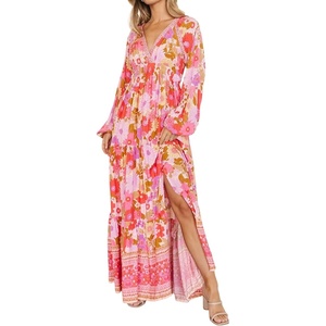 image:imageRVivimos Womens Boho Floral Print Flowy Slit Maxi DressPink