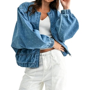 image:imageRVivimos Womens Distressed Jean Jacket Zip Up Cropped CoatBlue