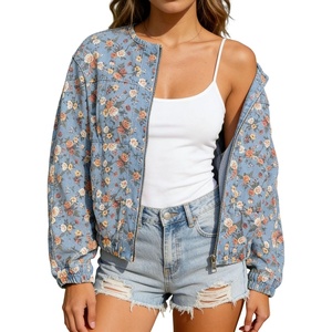 image:imageRVivimos Womens Distressed Jean Jacket Zip Up Cropped CoatBluefloral