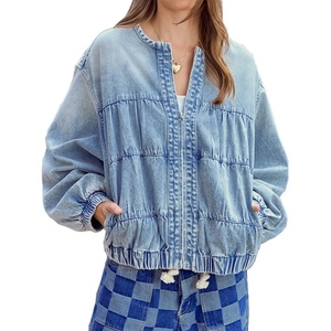 image:imageRVivimos Womens Distressed Jean Jacket Zip Up Cropped CoatLight Blue