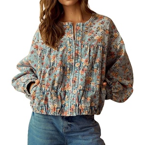 image:imageRVivimos Womens Distressed Jean Jacket Zip Up Cropped CoatRetrobluefloral