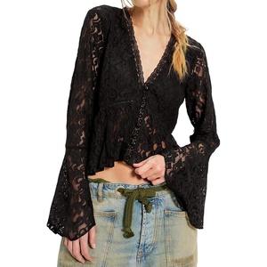 image:imageRVivimos Womens Summer Lace Bell Sleeve Button Down See Through TopsBlack