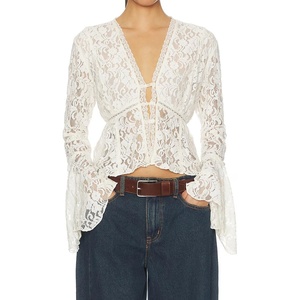 image:imageRVivimos Womens Summer Lace Bell Sleeve Button Down See Through TopsWhite