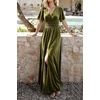 image:imageRVivimos Womens Elastic Waist Front Slit Maxi Velvet DressArmy Green