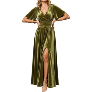 image:imageRVivimos Womens Elastic Waist Front Slit Maxi Velvet DressArmy Green