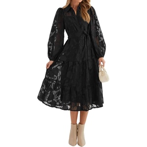 image:imageRVivimos Womens Fall Chiffon Jacquard Button Down Midi DressBlack