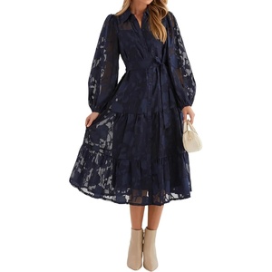 image:imageRVivimos Womens Fall Chiffon Jacquard Button Down Midi DressNavy Blue