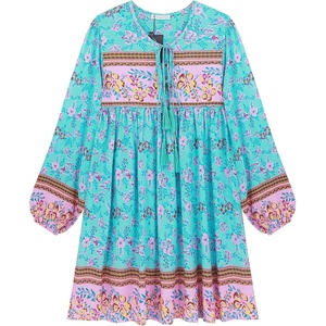 image:imageRVivimos Womens Long Sleeve Floral Print Tunic Mini DressDark Skyblue