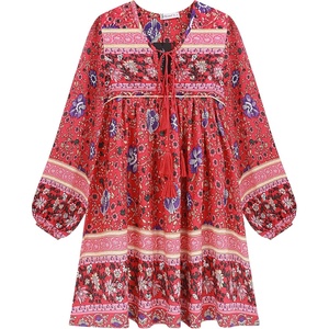 image:imageRVivimos Womens Long Sleeve Floral Print Tunic Mini DressRed