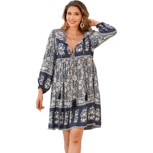 image:imageRVivimos Womens Long Sleeve Floral Print Tunic Mini DressSmoke Black