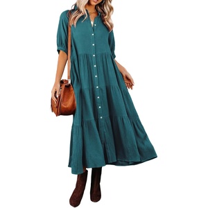 image:imageRVivimos Womens Summer Cotton Button Down Midi Dress with PocketsTeal