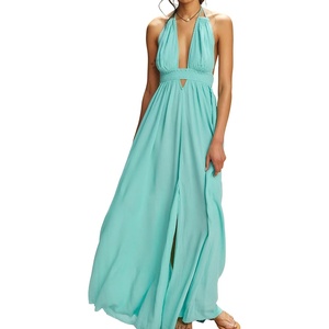image:imageRVivimos Womens Summer Halter Elastic Waist Boho Maxi DressAqua