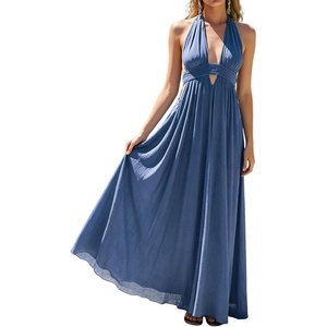 image:imageRVivimos Womens Summer Halter Elastic Waist Boho Maxi DressBlue