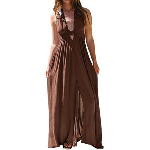 image:imageRVivimos Womens Summer Halter Elastic Waist Boho Maxi DressBrown