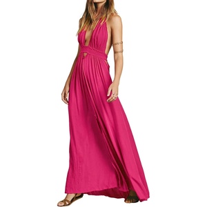 image:imageRVivimos Womens Summer Halter Elastic Waist Boho Maxi DressFuchsia