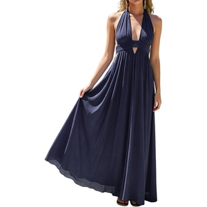image:imageRVivimos Womens Summer Halter Elastic Waist Boho Maxi DressNavy Blue