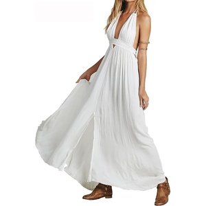 image:imageRVivimos Womens Summer Halter Elastic Waist Boho Maxi DressWhite