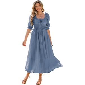 image:imageRVivimos Womens Summer Square Neck Elastic Empire Waist Midi DressDusty Blue