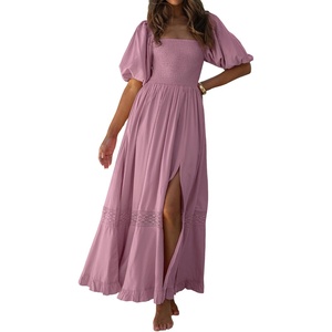 image:imageRVivimos Womens Summer Square Neck Smocked Slit Maxi DressMauve