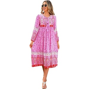 image:imageRVivimos Womens Long Sleeve Casual Boho Floral Midi DressesFuchsia