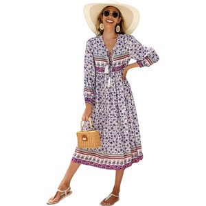 image:imageRVivimos Womens Long Sleeve Casual Boho Floral Midi DressesMulticolorblue