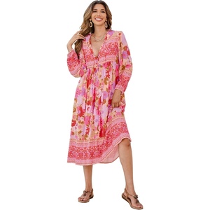 image:imageRVivimos Womens Long Sleeve Casual Boho Floral Midi DressesPink Red