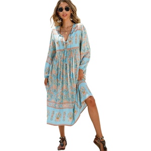 image:imageRVivimos Womens Long Sleeve Casual Boho Floral Midi DressesSkyblue1