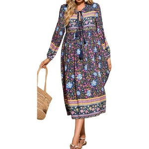 image:imageRVivimos Womens Long Sleeve Floral V Neck Bohemian Midi DressNavyblue