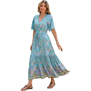 image:imageRVivimos Womens Summer V Neck Floral Print Boho Midi DressAqua Blue