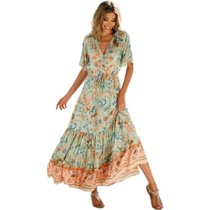 image:imageRVivimos Womens Summer V Neck Floral Print Boho Midi DressAquafloral