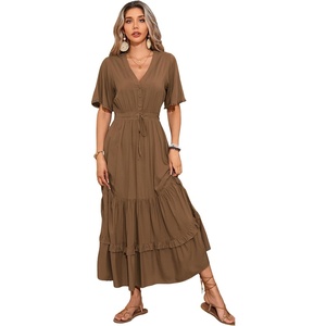 image:imageRVivimos Womens Summer V Neck Floral Print Boho Midi DressDark Khaki
