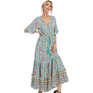 image:imageRVivimos Womens Summer V Neck Floral Print Boho Midi DressGreen2