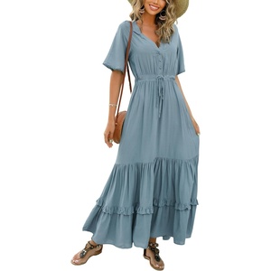 image:imageRVivimos Womens Summer V Neck Floral Print Boho Midi DressHazeblue